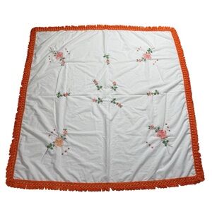 Vintage Hand Embroidered Floral Tablecloth Orange Fringe